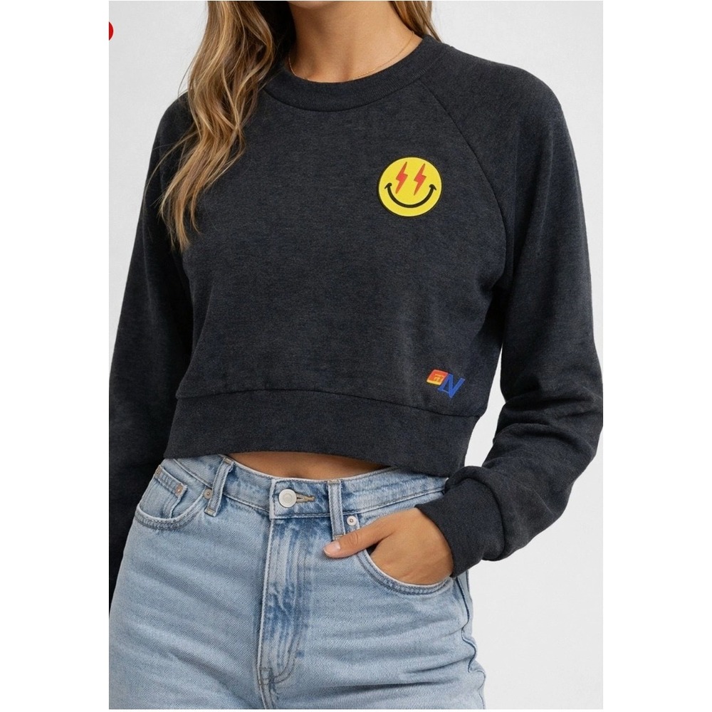 Aviator Nation Happy Face Logo Patch Cropped Sweatshirt Charcoal Gray Medium